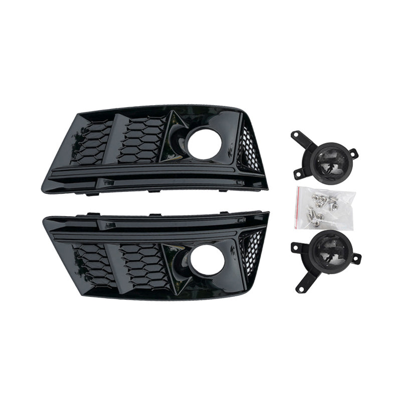 RS4 style fog light grille kit with ACC, Audi A4 Base B9, black trim, includes fog light holes