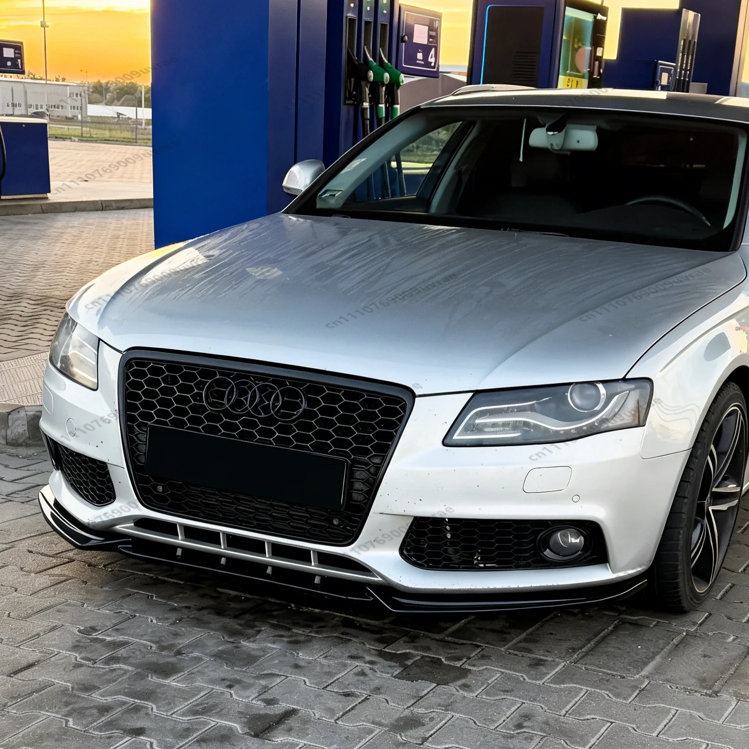 Audi B8 visually displaying front lip application from an angled point of view