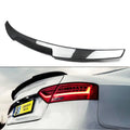 Audi A5 S5 B8.5 Sportback carbon fiber rear trunk spoiler shown both as a standalone product on a white background and installed on the rear of a silver Audi A5 B8.5