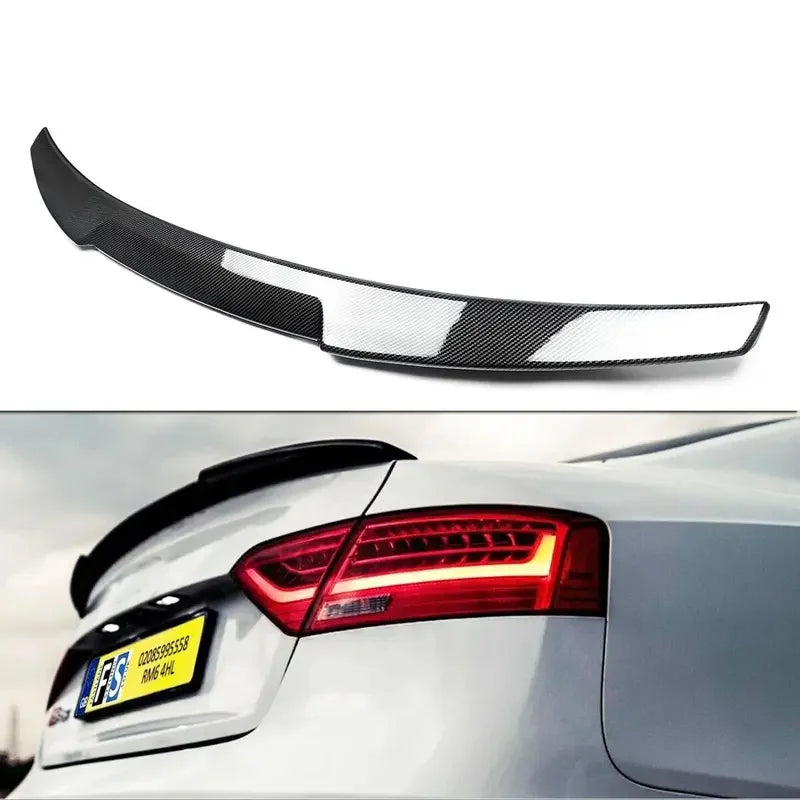 Audi A5 S5 B8.5 Sportback carbon fiber rear trunk spoiler shown both as a standalone product on a white background and installed on the rear of a silver Audi A5 B8.5