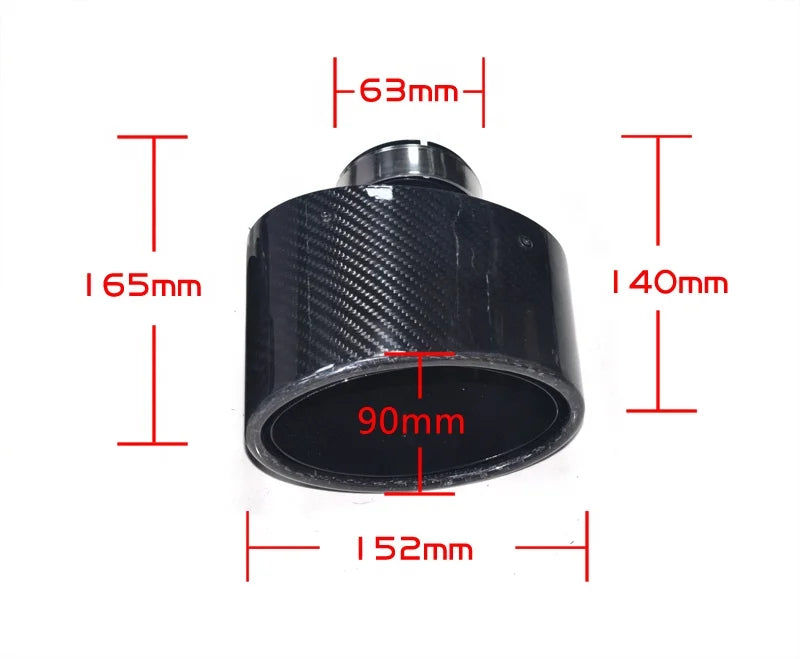 Carbon Fiber exhaust tip, shown with red dimension lines and measurements (165mm, 140mm, 90mm, 152mm, 63mm)