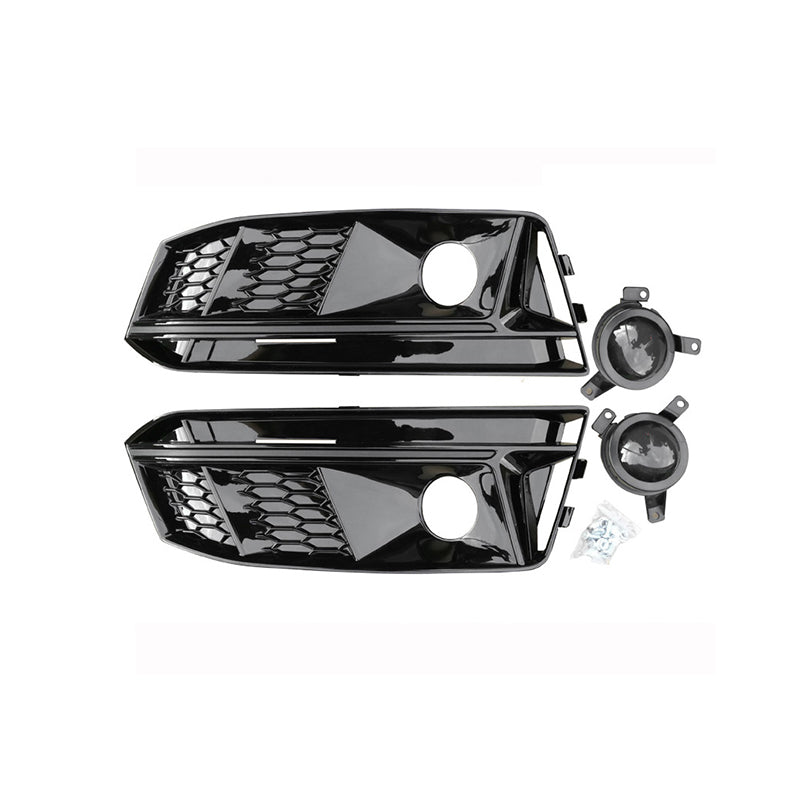 RS4 style fog light grille kit with ACC, Audi A4 S-Line B9, black trim, includes fog light holes