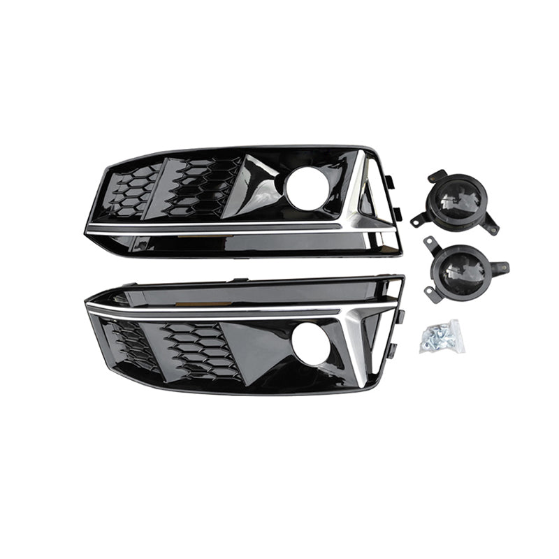 RS4 style fog light grille kit with ACC, Audi A4 S-Line B9, silver trim, includes fog light holes