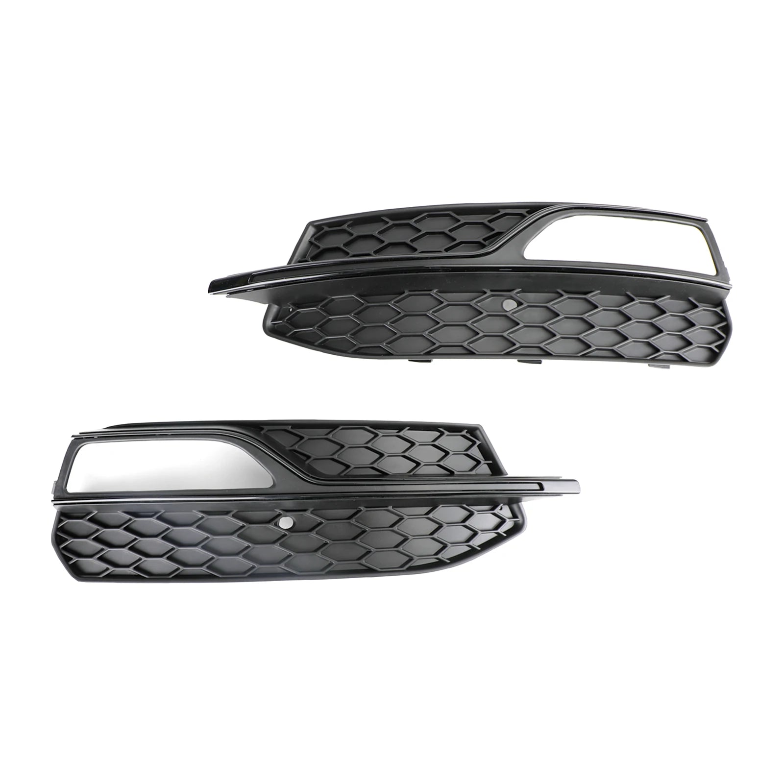 Gloss black honeycomb fog light grille pair for Audi A3 S-Line/S3 8V, angled view