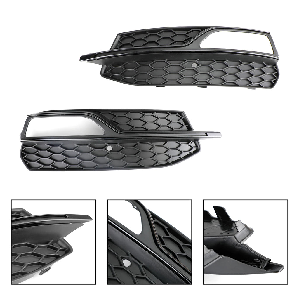 Audi A3 S-Line/S3 8V honeycomb fog light grille pair with close-up detail insets of mesh, mounting rail, and rear clips