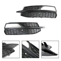 Audi A3 S-Line/S3 8V honeycomb fog light grille pair with close-up detail insets of mesh, mounting rail, and rear clips