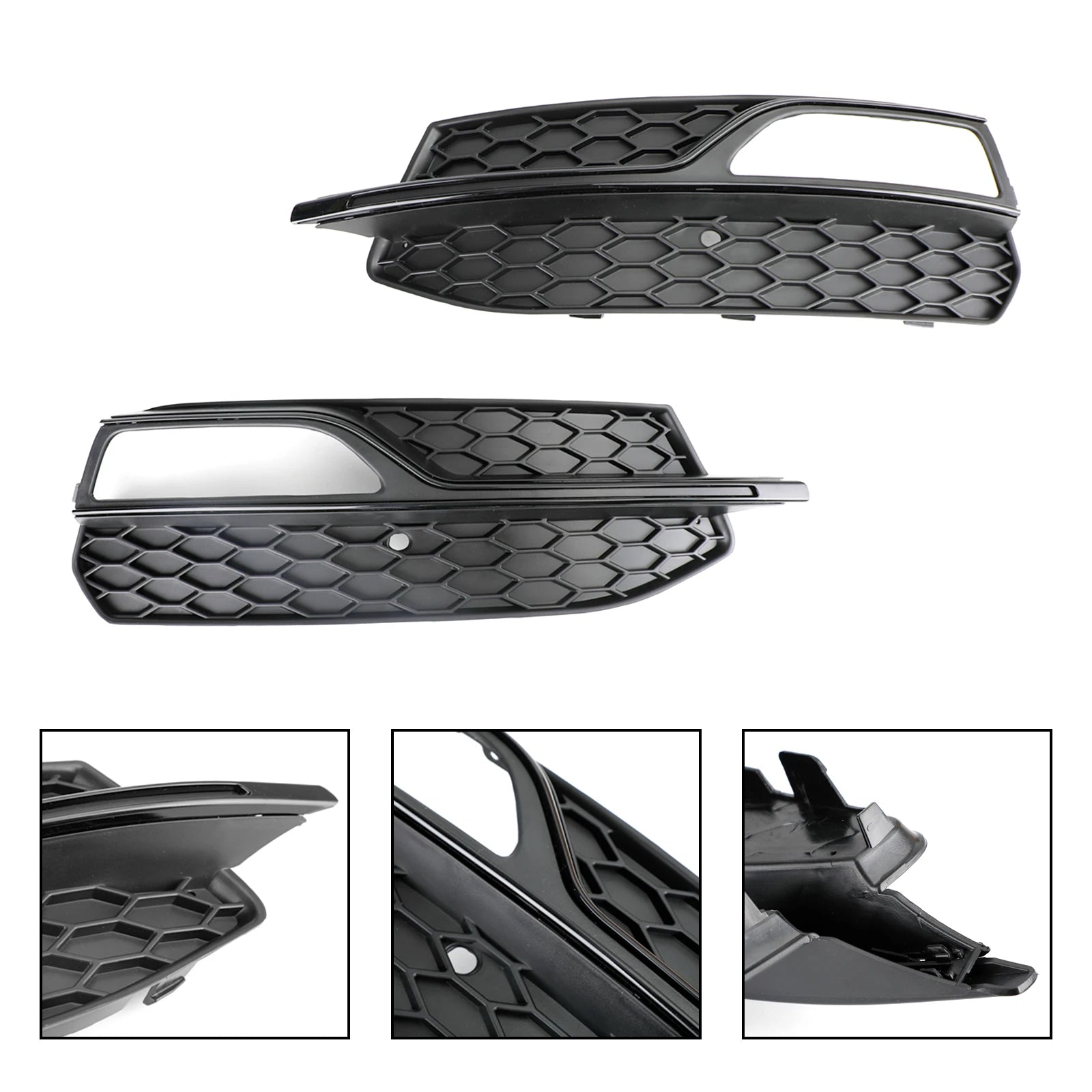 Audi A3 S-Line/S3 8V honeycomb fog light grille pair with close-up detail insets of mesh, mounting rail, and rear clips