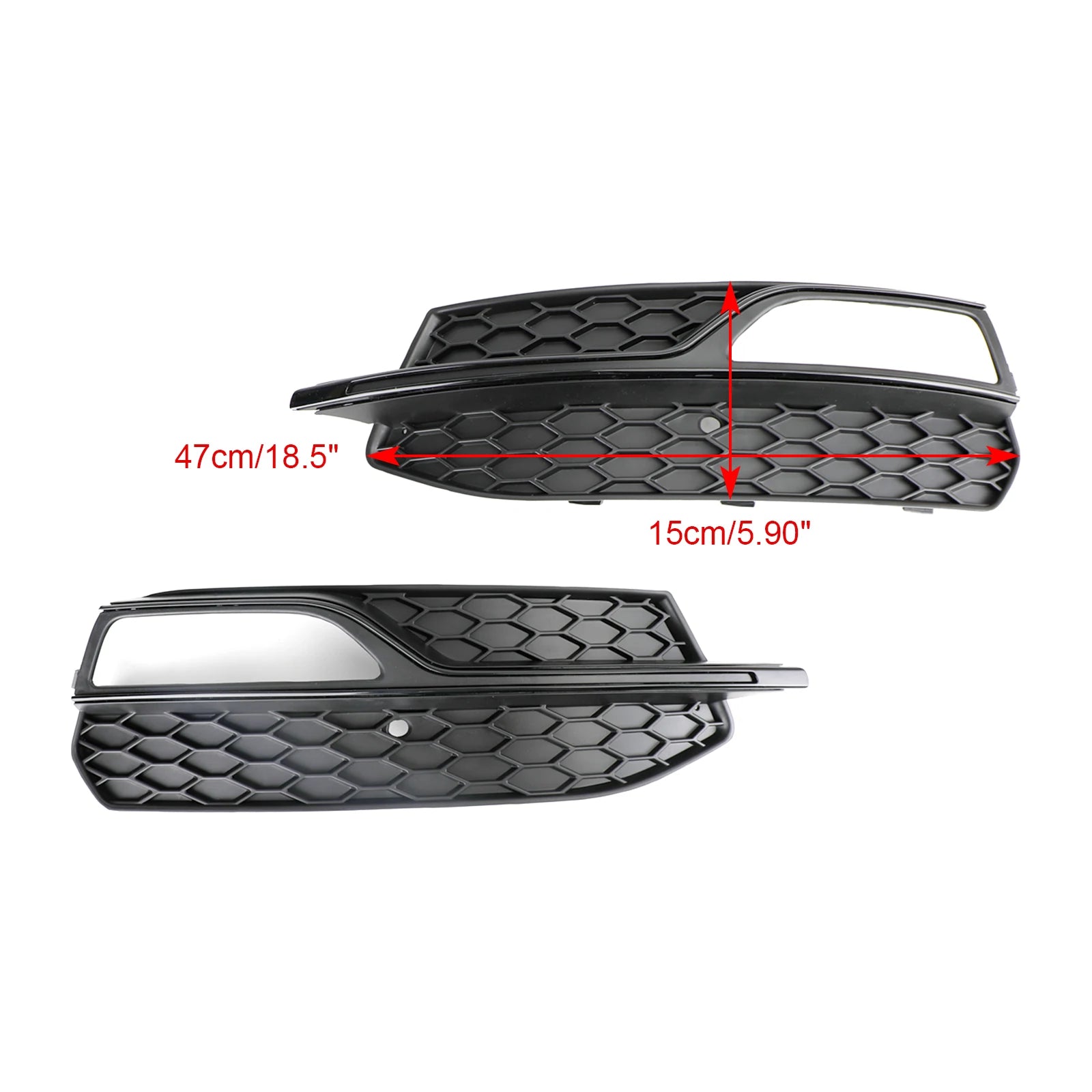Audi A3 S-Line/S3 8V honeycomb fog light grille pair with size dimensions labeled, 47cm width by 15cm height