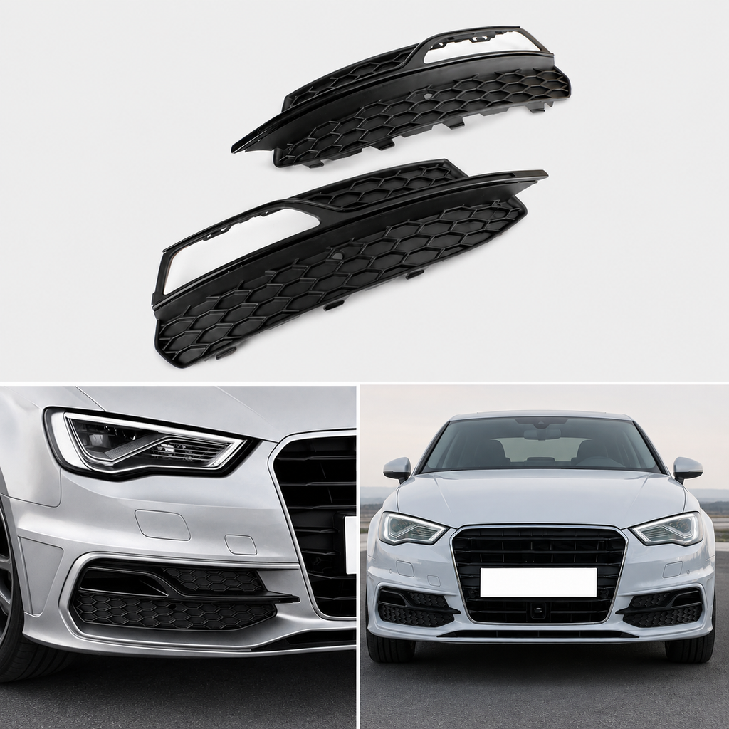 Honeycomb fog light grilles for Audi A3 S-Line/S3 8V shown standalone and installed on a silver Audi A3 sedan