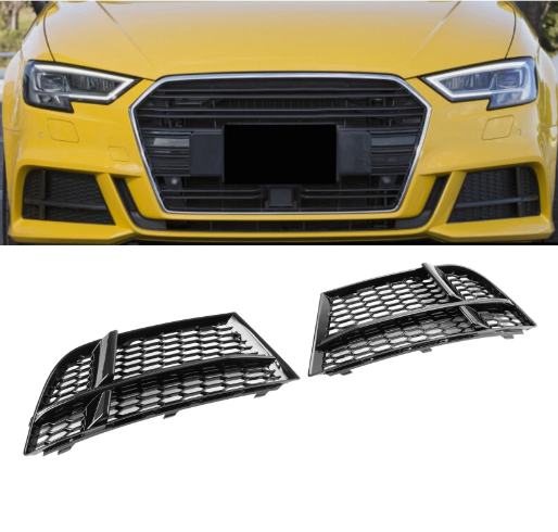 Honeycomb fog light grille shown installed on a yellow Audi A3/S3 8V front bumper