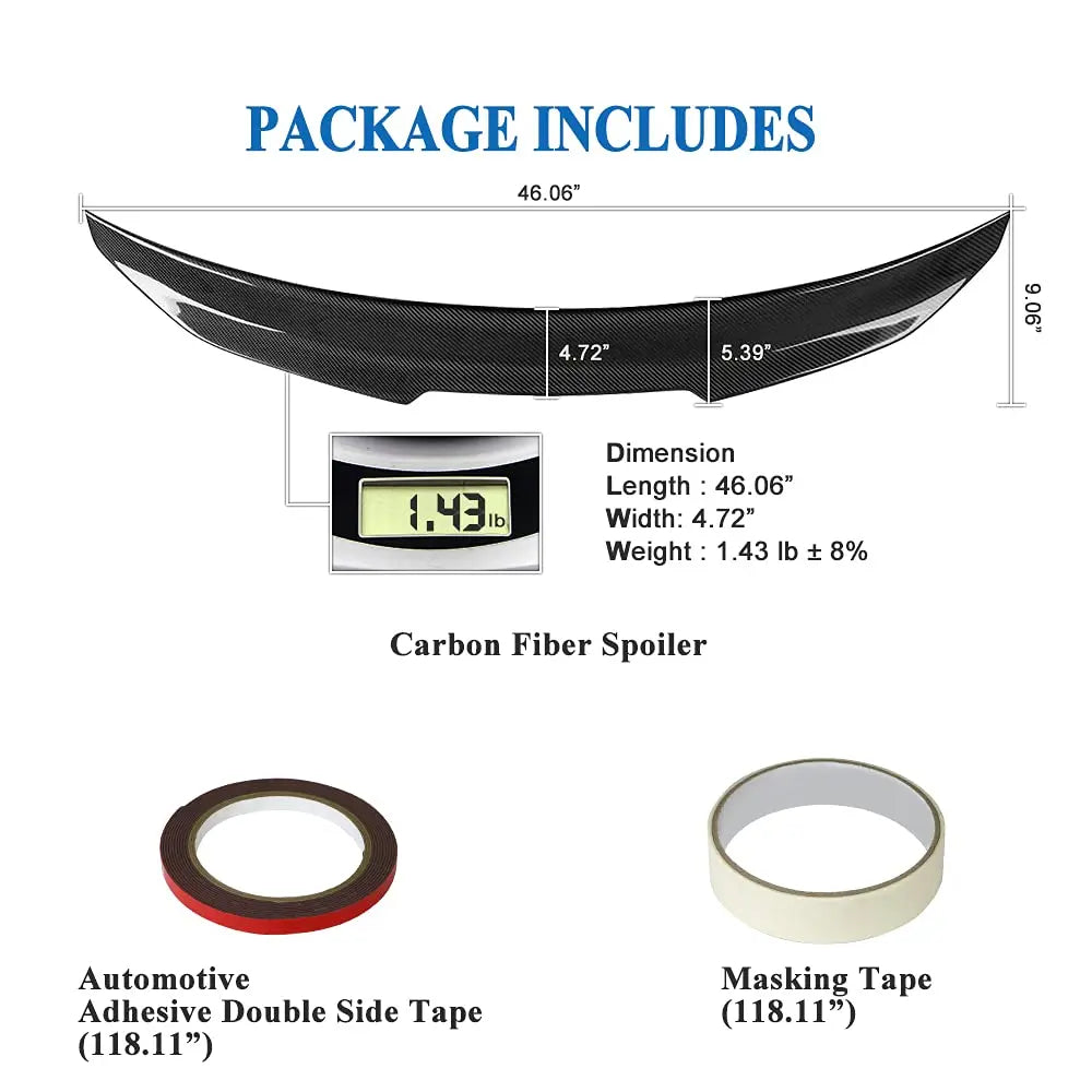 Package contents and dimensions for Audi A3/S3 PSM style carbon fiber spoiler, including adhesive and masking tape