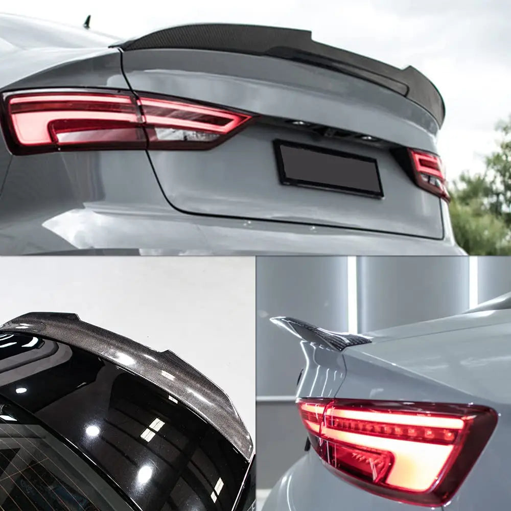 Collage of PSM style carbon fiber spoiler installed on Audi A3/S3 8V, multiple angles