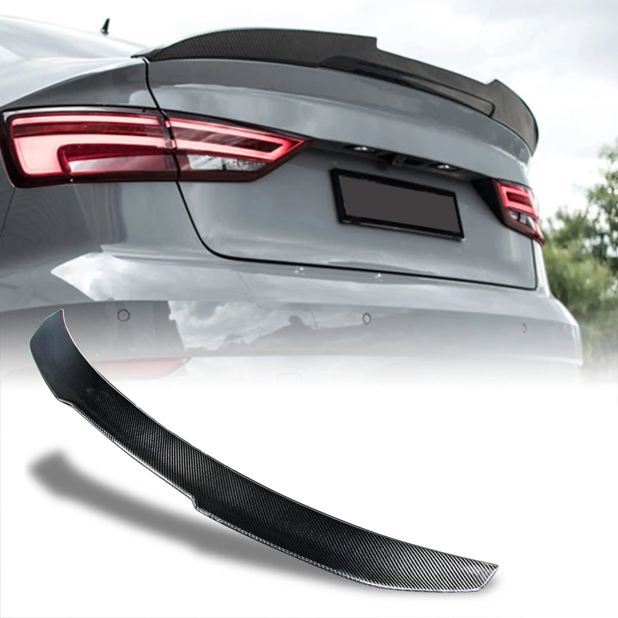 PSM style carbon fiber rear spoiler mounted on Audi A3/S3 8V trunk, with unmounted spoiler inset