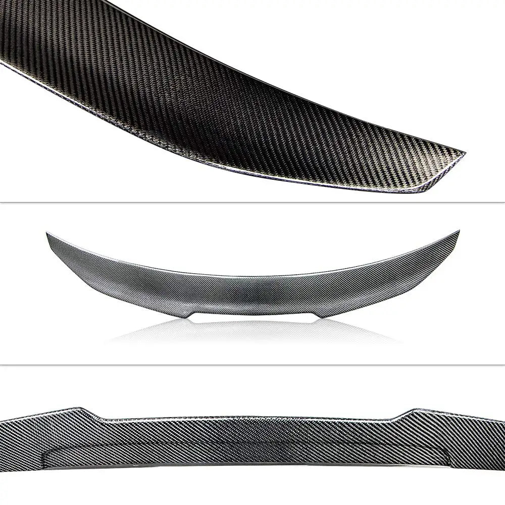 PSM style carbon fiber spoiler shown from edge, side profile, and front angles