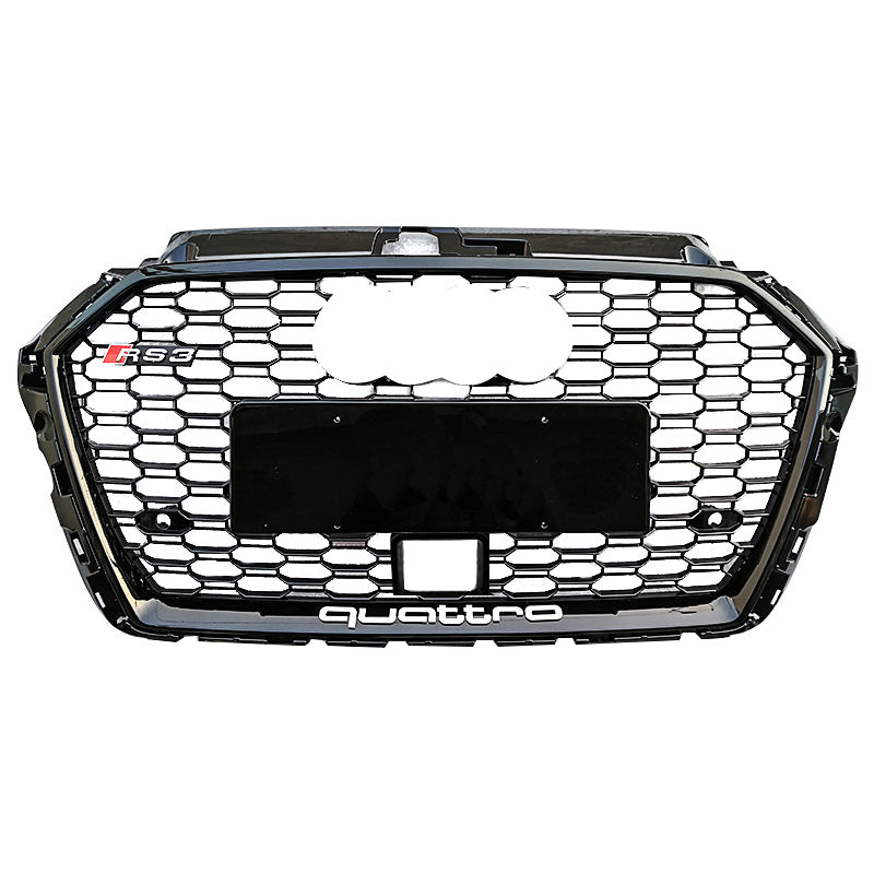 RS-style honeycomb grille in black frame with black mesh and ACC sensor cutout for Audi A3/S3/RS3 8V (2017-2019)