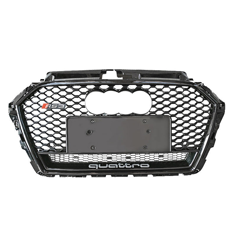 RS-style honeycomb grille in black frame with black mesh and lower chrome trim strip for Audi A3/S3/RS3 8V (2017-2019)