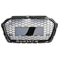 RS-style honeycomb grille in black frame with black mesh for Audi A3/S3/RS3 8V (2017-2019), no ACC cutout