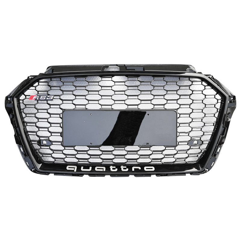 RS-style honeycomb grille in black frame with black mesh for Audi A3/S3/RS3 8V (2017-2019), no ACC cutout