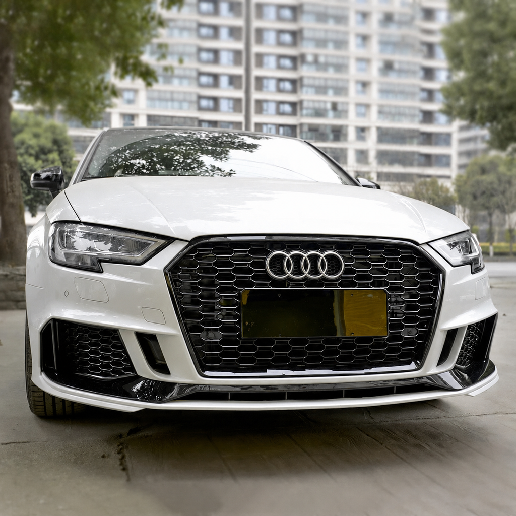 An Audi A3 showcasing the front-end look of the vehicle after installing a honeycomb grille
