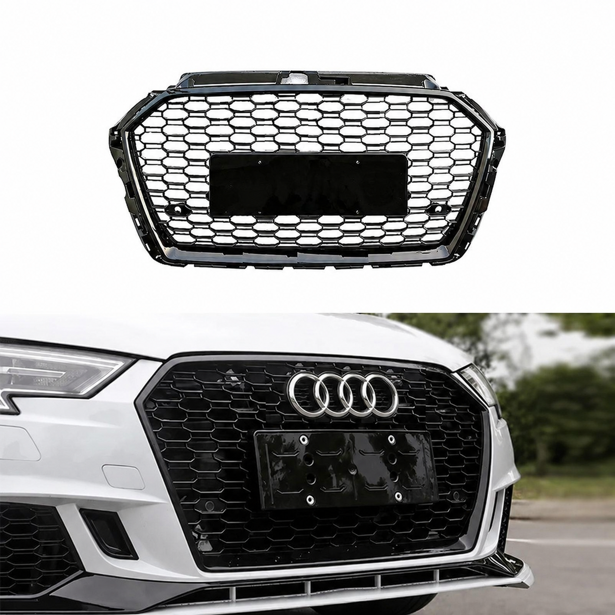 Comparison photo that showcases an Audi A3 with a honeycomb grille installed