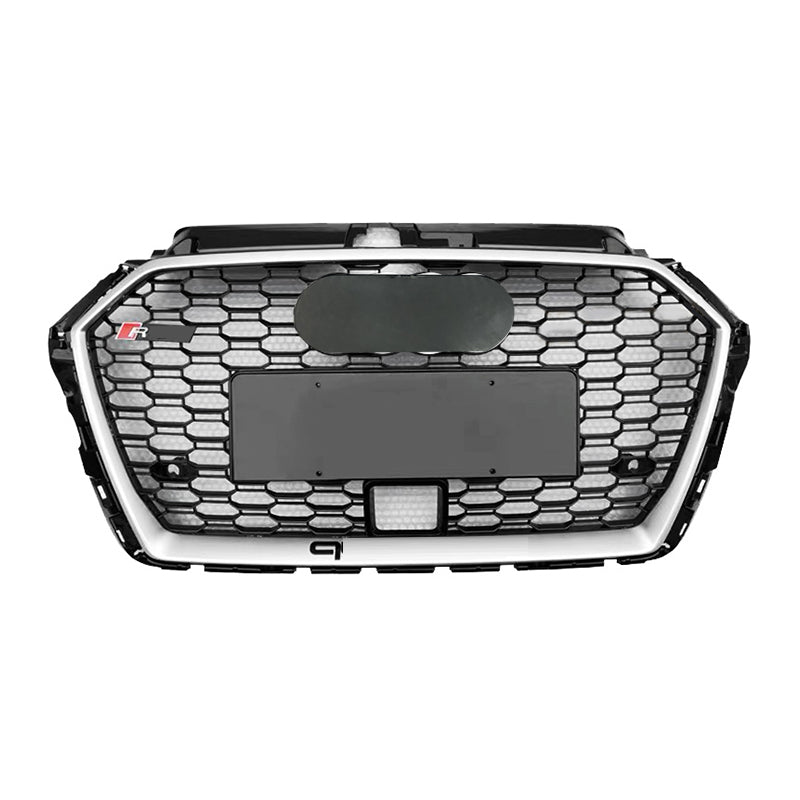 RS-style honeycomb grille in silver frame with black mesh and ACC sensor cutout for Audi A3/S3/RS3 8V (2017-2019)