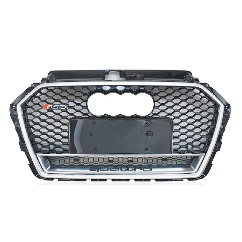 RS-style honeycomb grille in silver frame with black mesh and lower chrome trim strip for Audi A3/S3/RS3 8V (2017-2019)