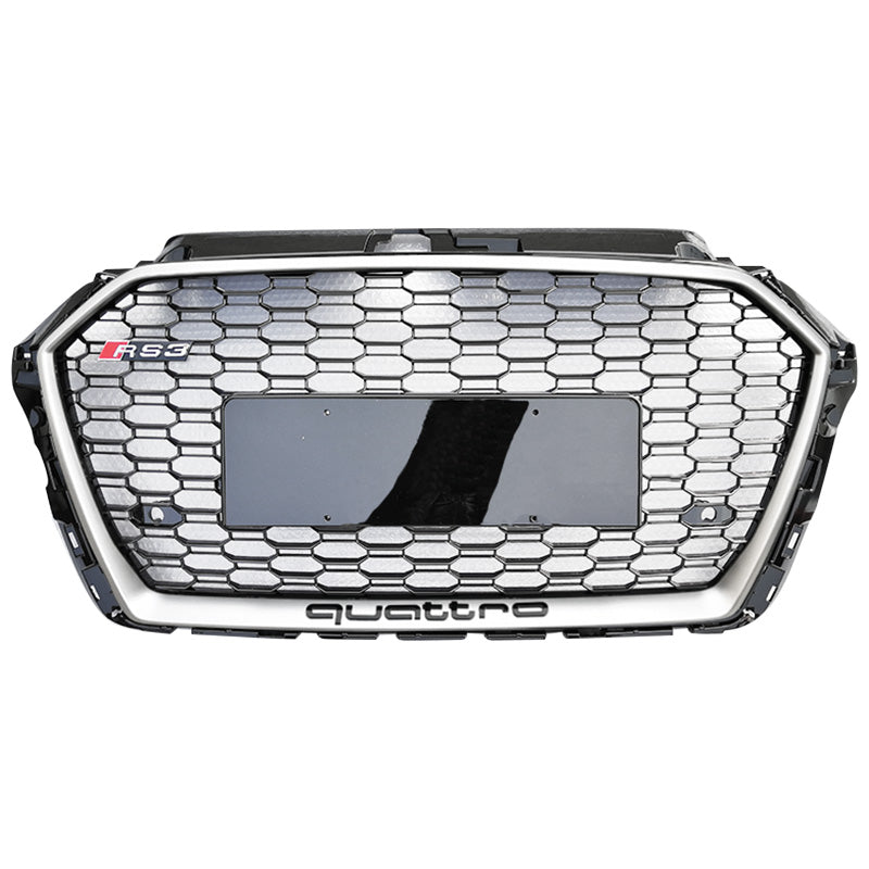 RS-style honeycomb grille in silver frame with black mesh for Audi A3/S3/RS3 8V (2017-2019)