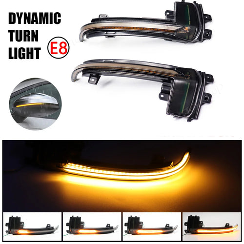 Dynamic sequential mirror turn signal pair for Audi A4 B8.5, lit amber with rain-mirror install preview