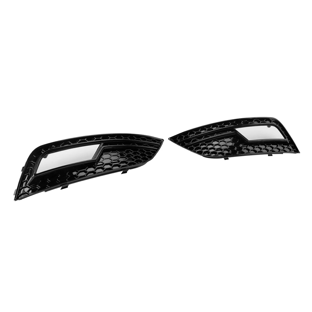 Gloss black honeycomb fog light grille pair for Audi A4 B8.5, angled view