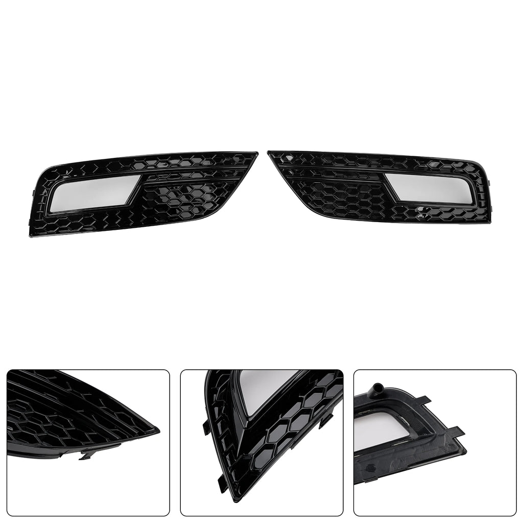 Audi A4 B8.5 honeycomb fog light grille pair with close-up detail insets of mesh and mounting clips
