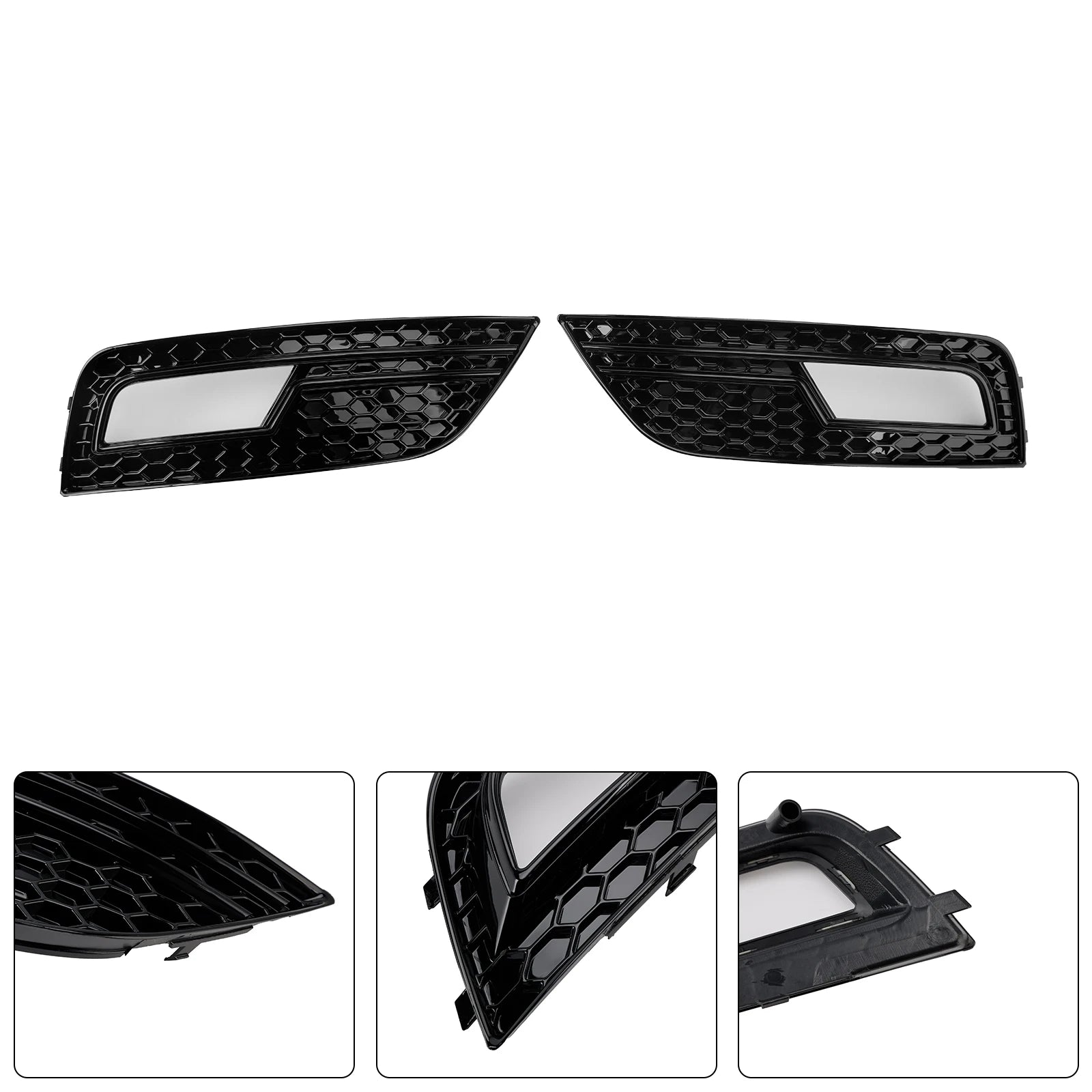 Audi A4 B8.5 honeycomb fog light grille pair with close-up detail insets of mesh and mounting clips