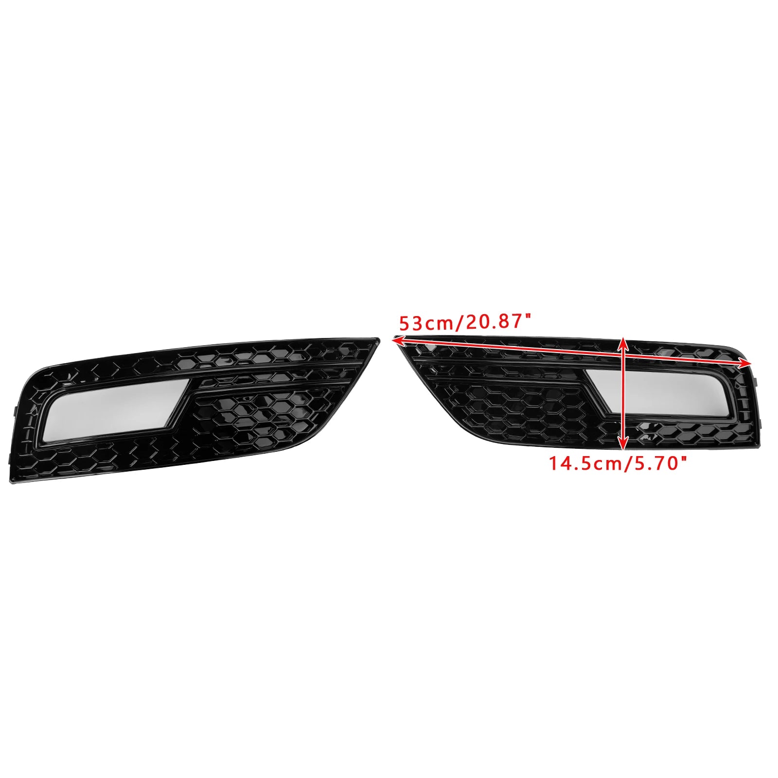 Audi A4 B8.5 honeycomb fog light grille pair with size dimensions labeled, 53cm width by 14.5cm height