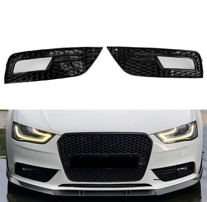 Honeycomb fog light grilles installed on an Audi A4 B8.5 front bumper