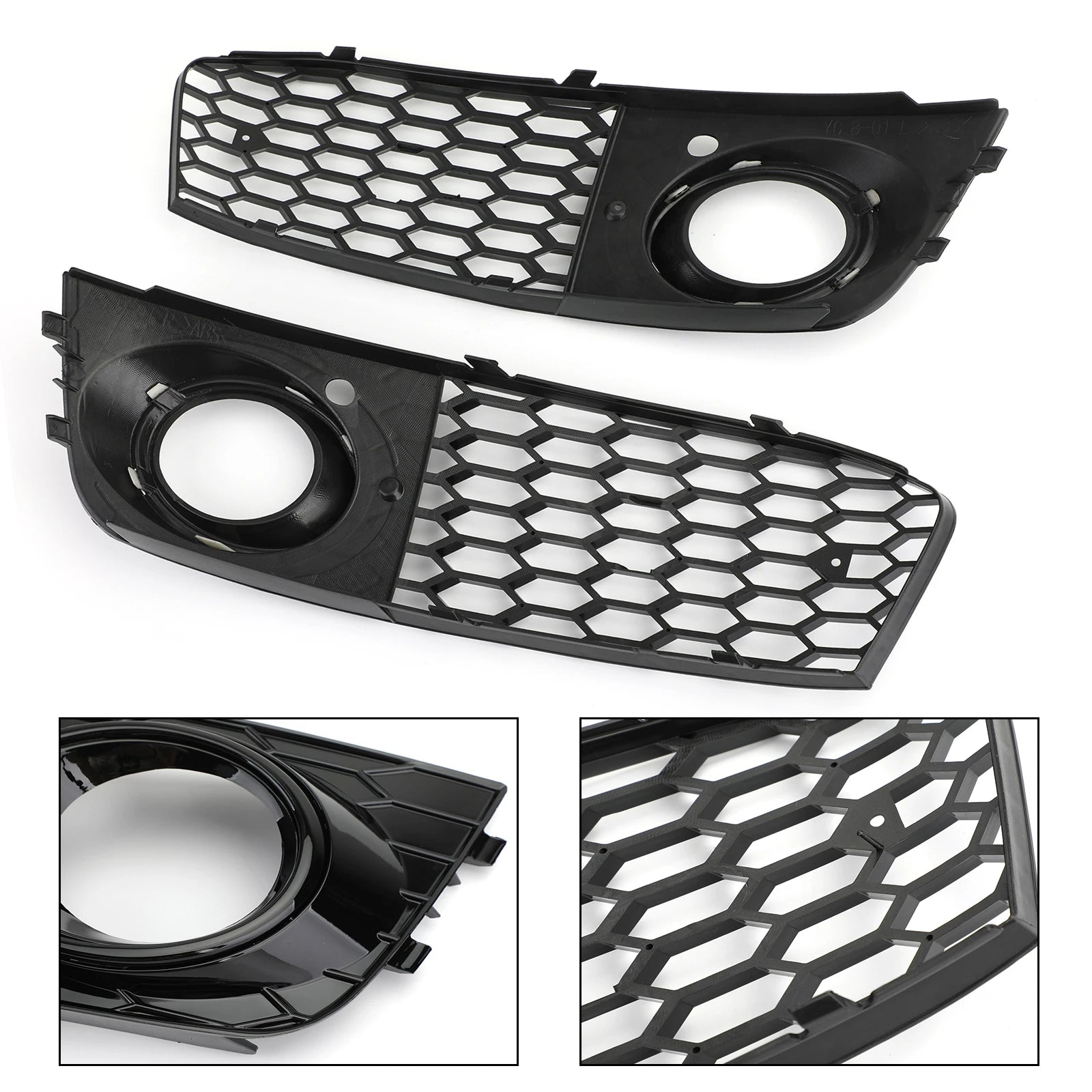 Audi A4 B8 fog light grille pair with close-up fog light opening and mesh detail insets