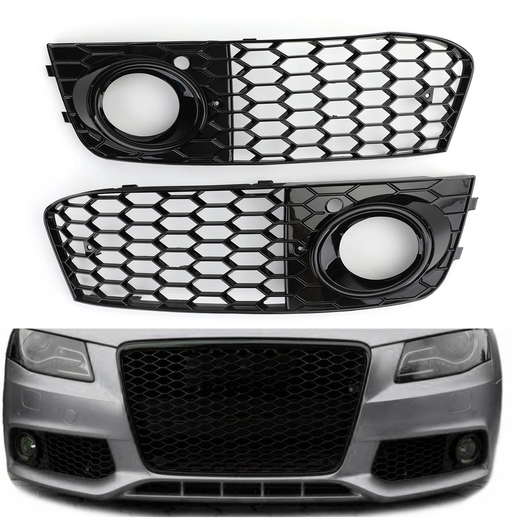 Honeycomb mesh fog light grille pair with installed lifestyle shot on a silver Audi A4 B8