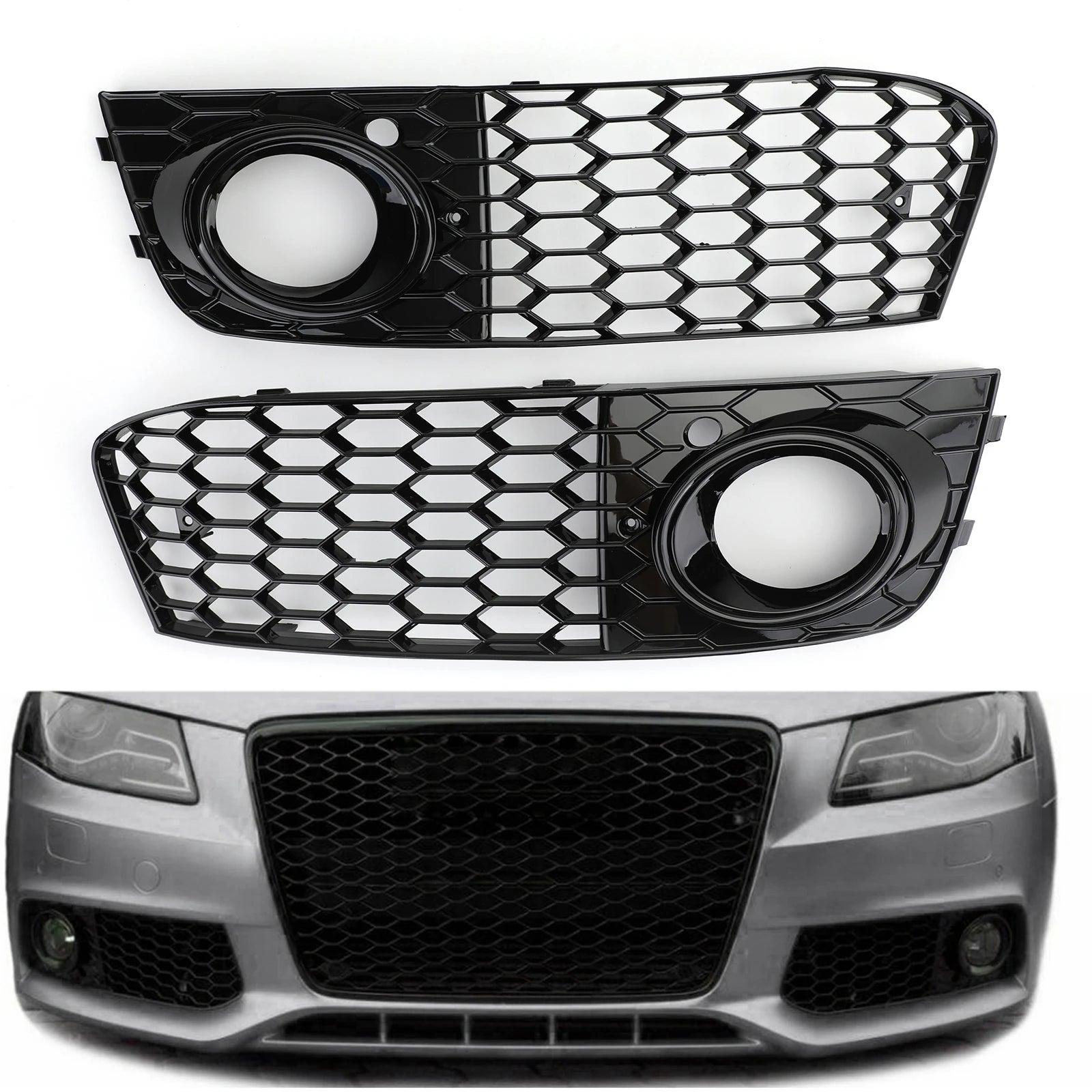 Honeycomb mesh fog light grille pair with installed lifestyle shot on a silver Audi A4 B8