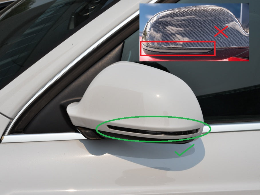 Fitment guide showing correct 2008-2009 mirror shape versus incompatible 2010+ Audi A4 mirror shape