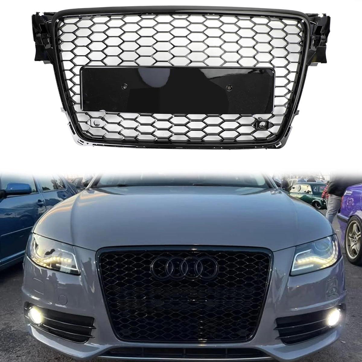 RS-style honeycomb grille with chrome trim installed on an Audi A4 B8, shown standalone and mounted on a grey sedan