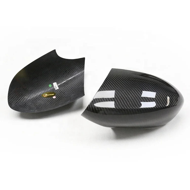 Carbon fibre side mirror cover pair for Audi A4/S4 A5/S5 B9 showing underside and lane assist cutout notch