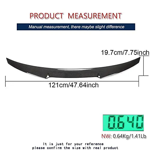Product dimensions for Audi A4/S4 B8.5 M4 style carbon fiber spoiler, 121cm width