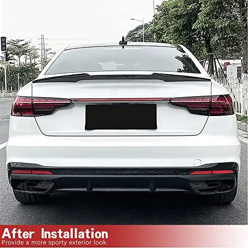 M4 style carbon fiber spoiler installed on white Audi A4/S4 B8.5 sedan, rear view