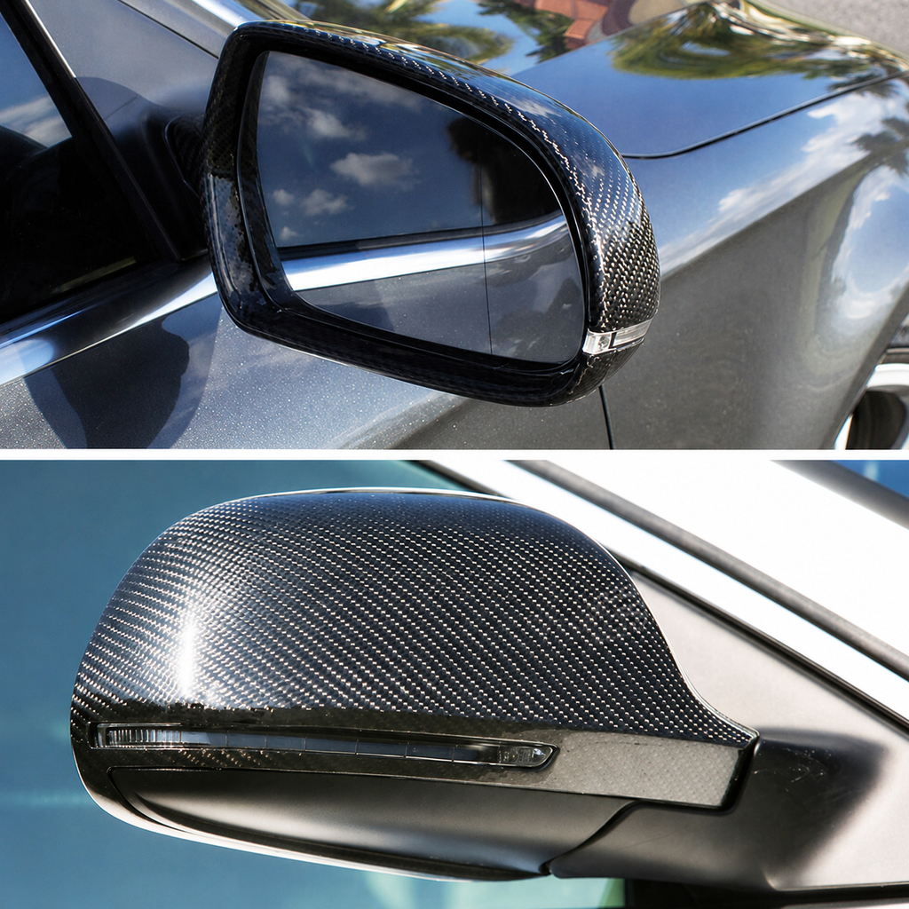 Carbon fibre side mirror cover installed on an Audi A4/S4 B8, close-up showcase of two mirror angles
