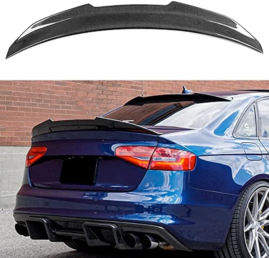 PSM style carbon fiber spoiler installed on a blue Audi S4 B8 sedan, rear view