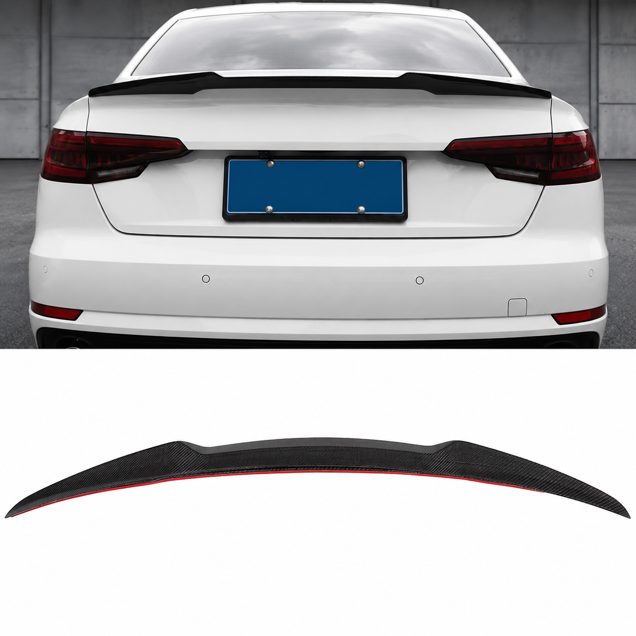 M4 style carbon fiber spoiler installed on a white Audi A4/S4 B9 sedan trunk