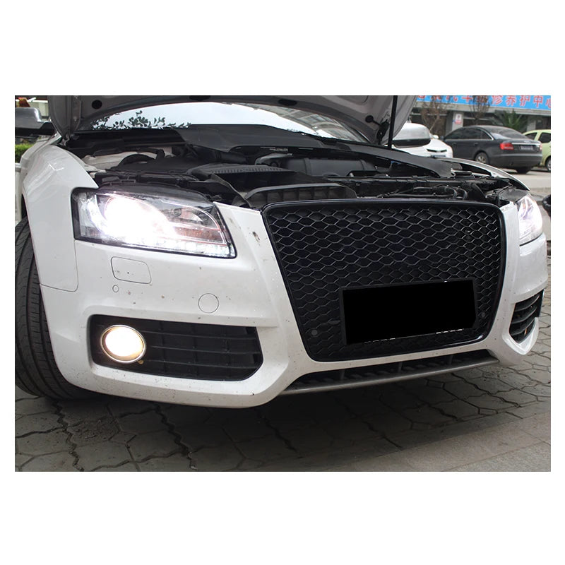 RS style honeycomb grille installed on a white Audi A5 B8, front view with hood open