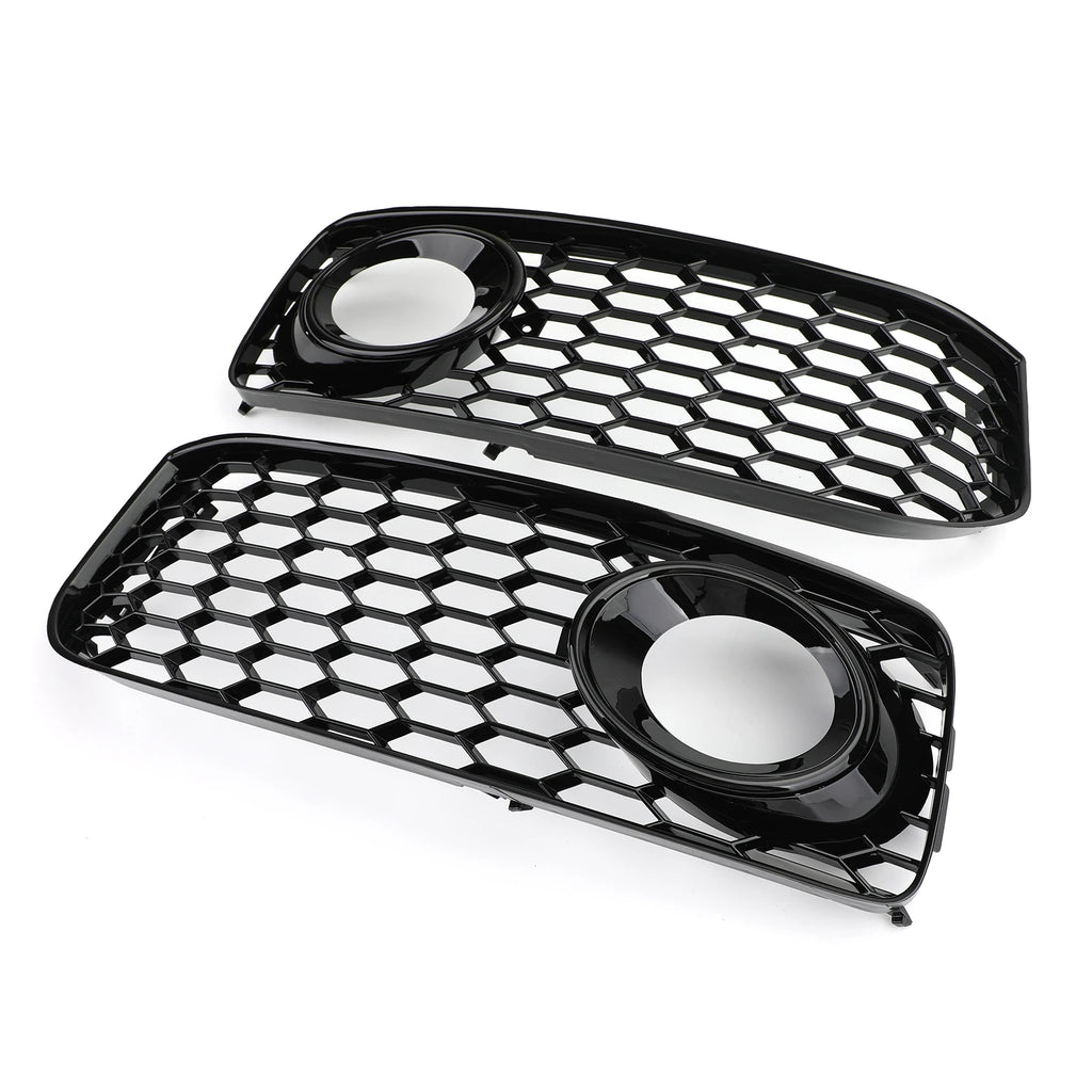 Gloss black honeycomb mesh fog light grilles for Audi A5/S5 B8, angled pair view