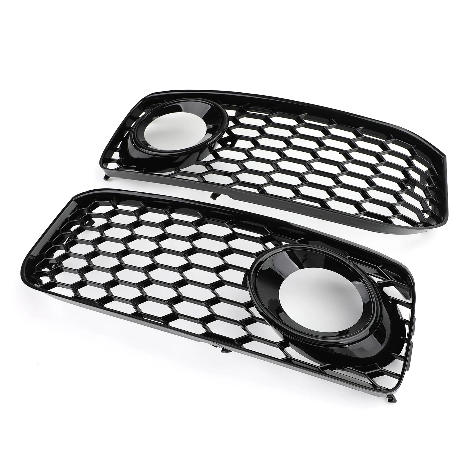 Gloss black honeycomb mesh fog light grilles for Audi A5/S5 B8, angled pair view