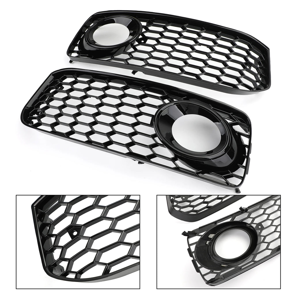 Audi A5/S5 B8 fog light grille pair with close-up detail insets of the mesh pattern and mounting ring