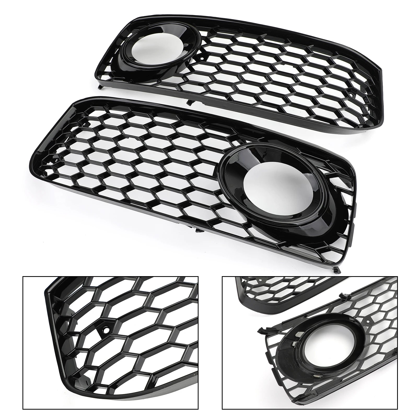 Audi A5/S5 B8 fog light grille pair with close-up detail insets of the mesh pattern and mounting ring