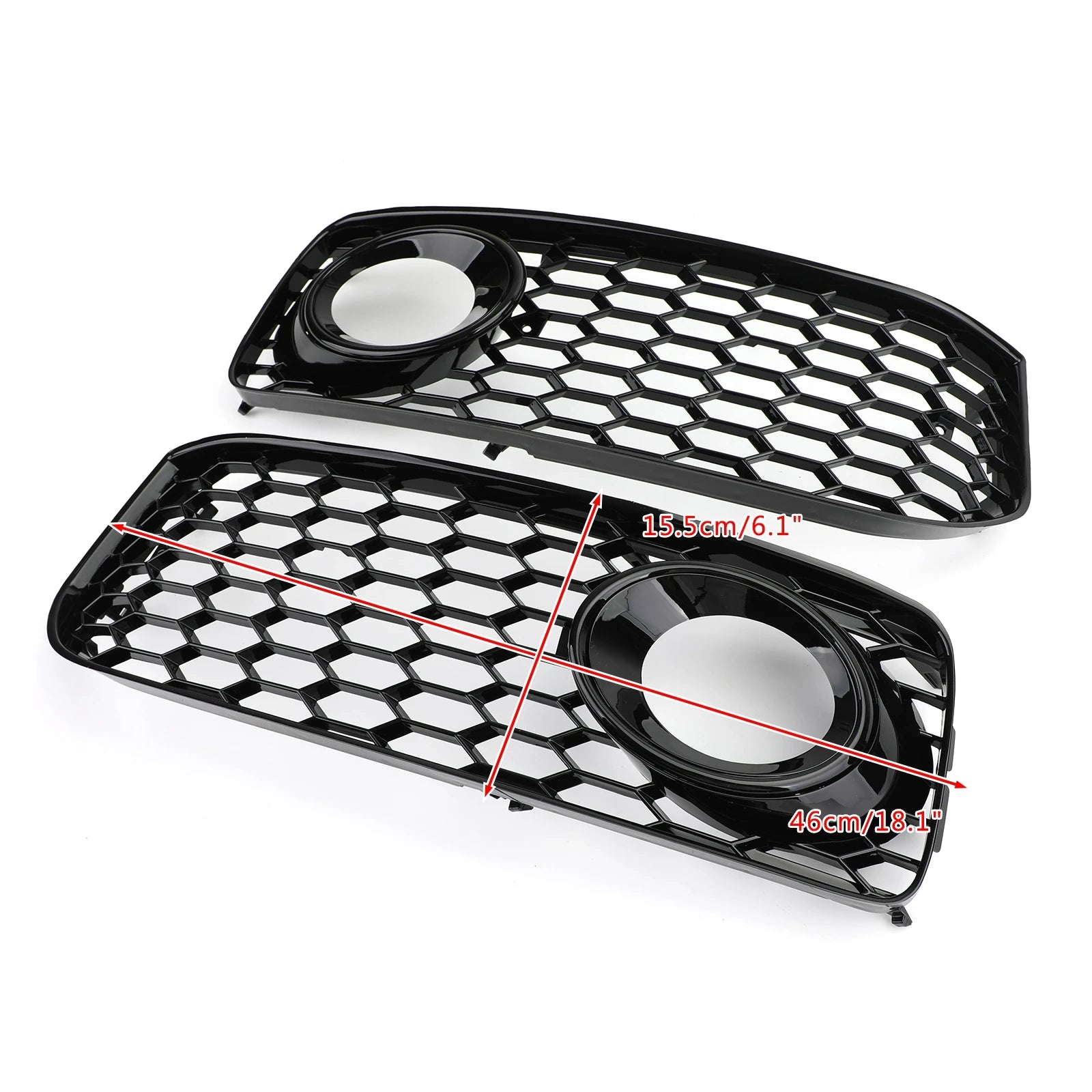 Audi A5/S5 B8 honeycomb fog light grille pair with size dimensions labeled, 46cm width by 15.5cm height